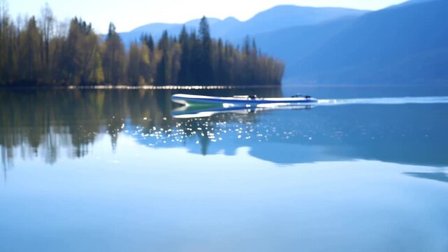 Tracking shot of speed boat skimming across calm alpine lake near forested shoreline with mountain backdrop in morning light