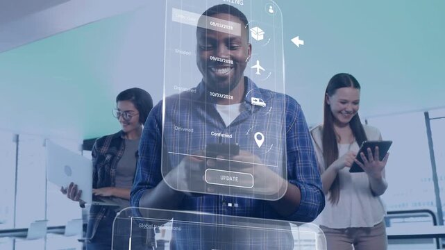 Man typing order number after chat bubbles requesting, AR tech panels stacking to confirm order