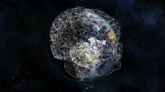 On play composite Earth with brain mesh rotating slowly, nodes pulsing to show global connectivity
