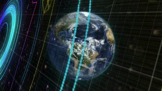Holographic display activating globe rotating as neon HUD elements sweep right, showing global data