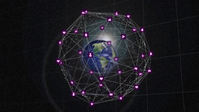 Bright flare appearing, thin mesh rotating Earth, nodes pulsing and grouping, showing global data