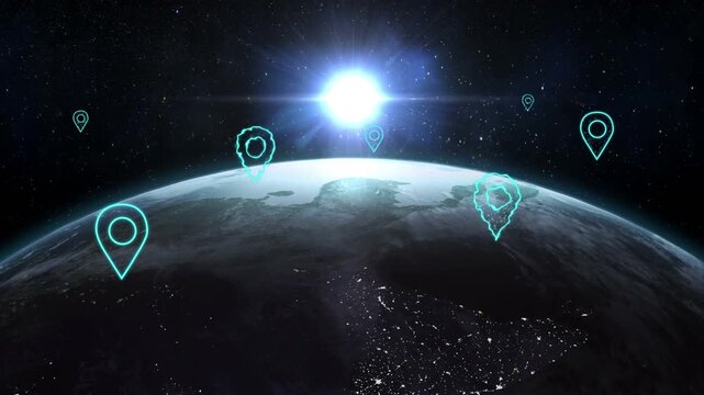 Flare rising at horizon starting cyan holographic markers spawning, growing, pulsing, marking Earth