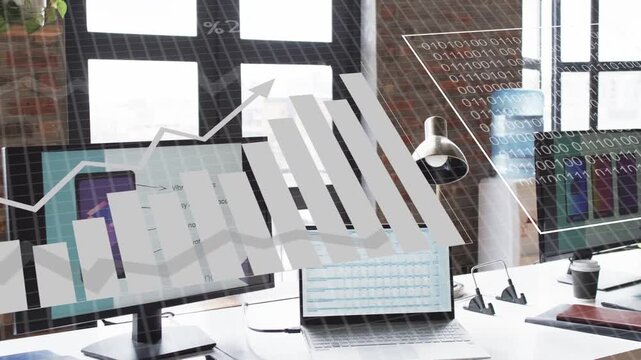 Two floating gray pie charts appearing, data visuals sliding over workstation, collecting data