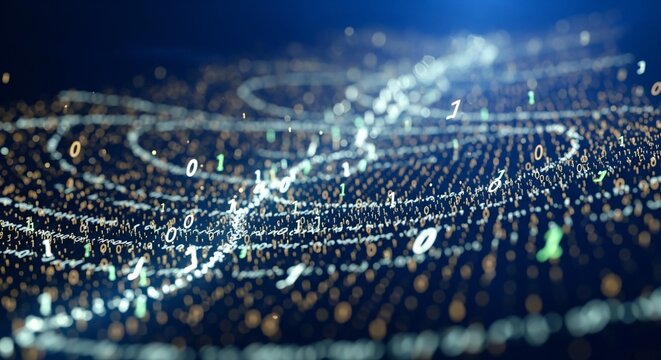 Abstract glowing digital data waves and binary code flow