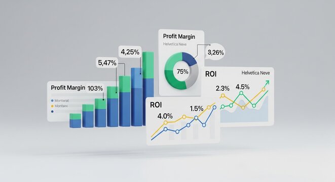 Clean 3D abstract charts including a blue bar graph, a green pie chart showing 75%, and line graphs displaying revenue growth and return on investment