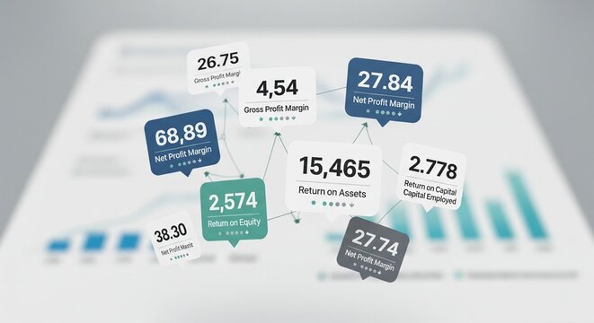Floating white and blue digital badges with corporate financial metrics like Net Profit Margin and Return on Assets over a blurred business report background