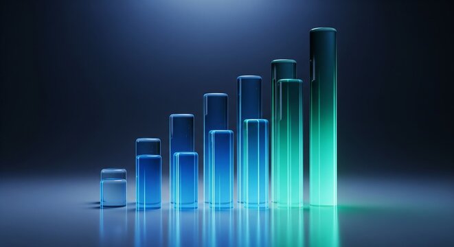 A minimalist 3D bar chart with glowing blue and teal glass cylinders arranged in an ascending pattern showing steady business growth or progress