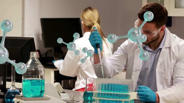 Researcher drawing from flask, pipetting blue liquid into rack for assay, molecules overlapping lab