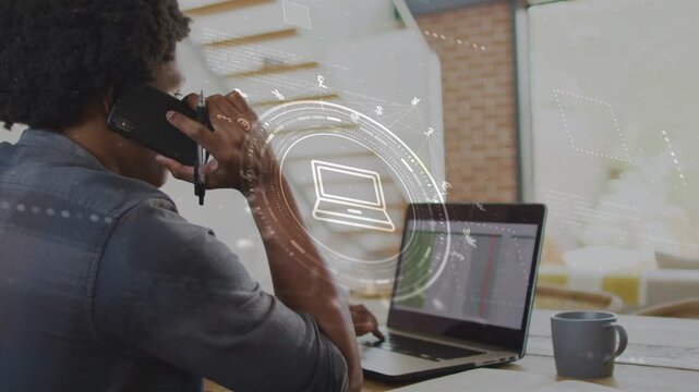 Man on phone typing spreadsheet while rotating circular overlay highlighting laptop for business