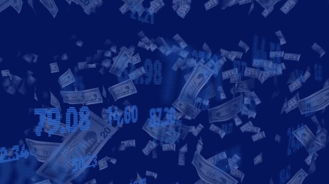 Ticker values shifting, US $20 bills drifting and growing, forming curtain showing market trends