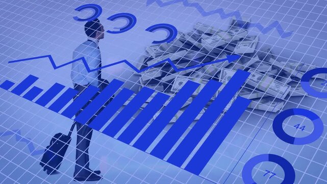 Man pausing, chart appearing, walking with case to cash for finance, charts expanding obscuring