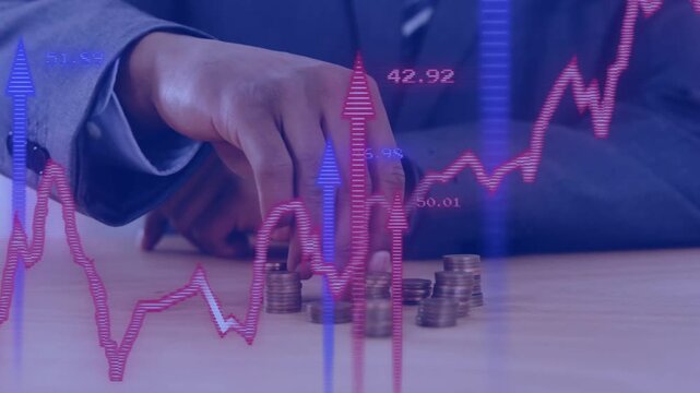 Businessman after adjusting tie stacking coins on table, animated finance charts guiding decisions