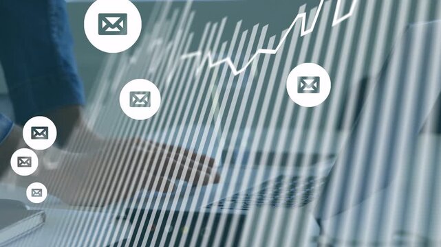 Man typing on laptop in tech tracking stats onscreen bars sweeping line rising mail icons stacking