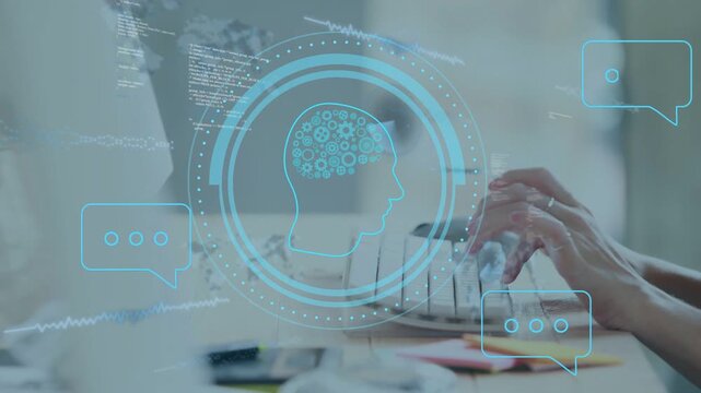 Keystroke initiating hands typing while HUD brain icon evolving, showing AI help with code and chat