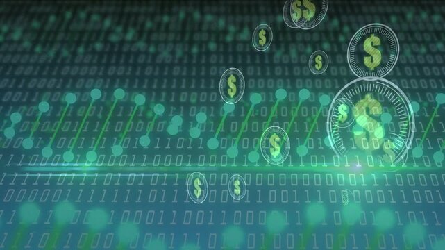 Dollar-coin icons starting third frame then drifting left across binary plane, showing money flow