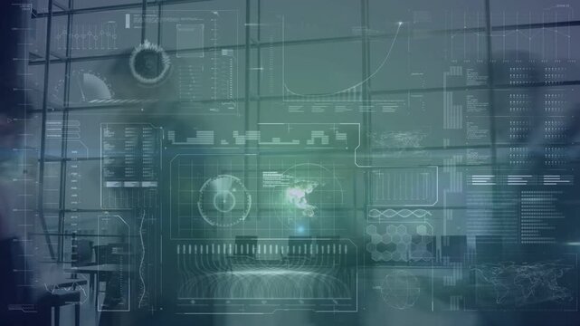 Translucent HUD overlay receiving data feed and animating globe, radar, charts for tech monitoring