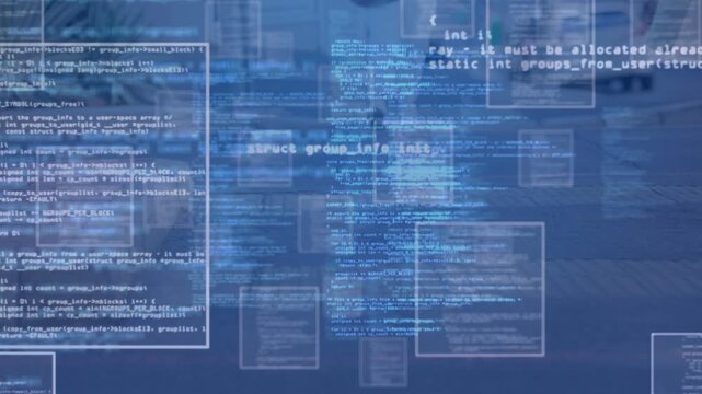 Adults walking office corridor, fading code panels sliding in, multiplying to visualize tech
