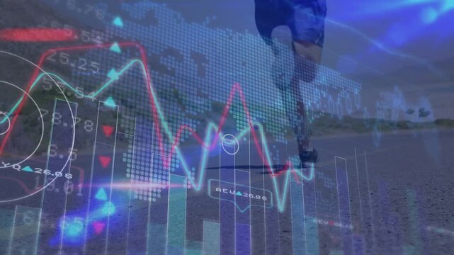 On start man running away on path for fitness, finance charts overlaying and fluctuating