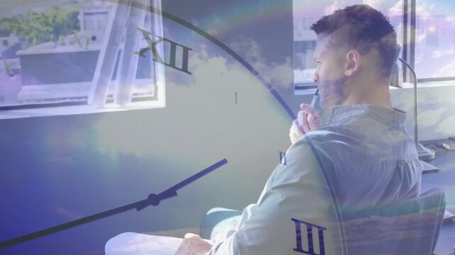 Business pro turning to window as light rising, holding pen, thinking while clock and cloud moving