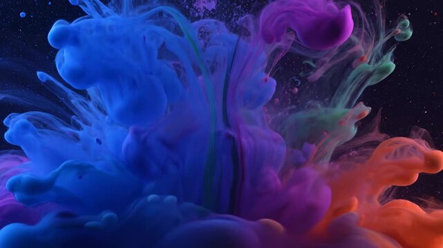 A vibrant display of swirling, colored liquids against a dark background, creating art