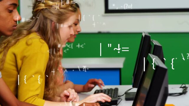 Students typing for education, camera panning right revealing monitors, code overlay appearing