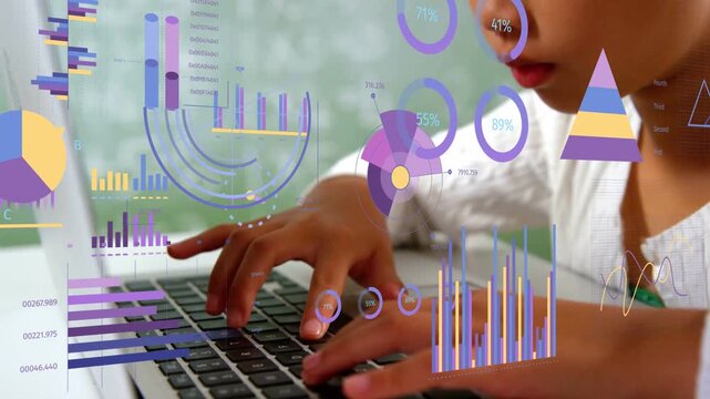 Female student typing on laptop, causing charts for education data while camera shifting to profile