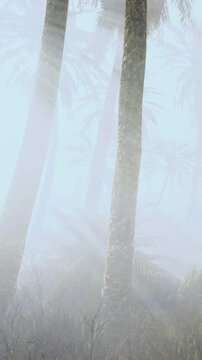 A thick fog covers a landscape filled with palm trees. The soft light of morning filters through the mist. The scene shows tall grasses in the foreground and blurred tree outlines in the background.