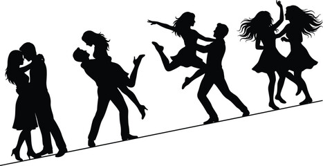 Silhouetted dancers performing ballet arabesque and pirouette poses black silhouette © ROHIMA
