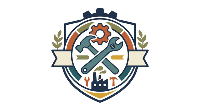 Classic Industrial Badge Logo Design with Crossed Engineering Tools, Gear, and Factory Silhouette, Representing Mechanical Craftsmanship and Manufacturing Excellence