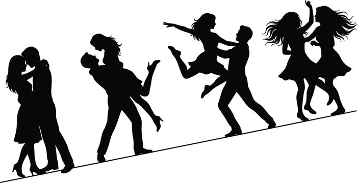 Silhouetted dancers performing ballet arabesque and pirouette poses black silhouette