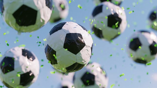 Many black and white football-shaped foil balloons floating in the air with green confetti scattered against a clear blue sky background