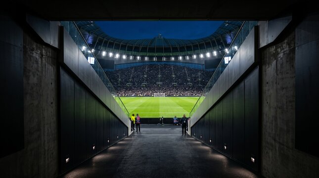 Football stadium tunnel entrance leading to a packed pitch under bright stadium lights featuring soccer, matchday, crowd with arena and bowl elements