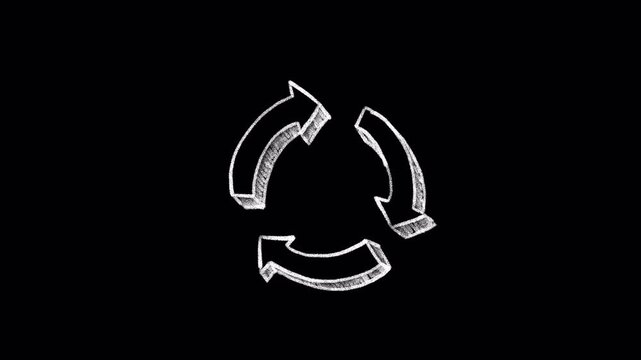 Hand drawn recycling symbol with chalk on transparent blackboard background