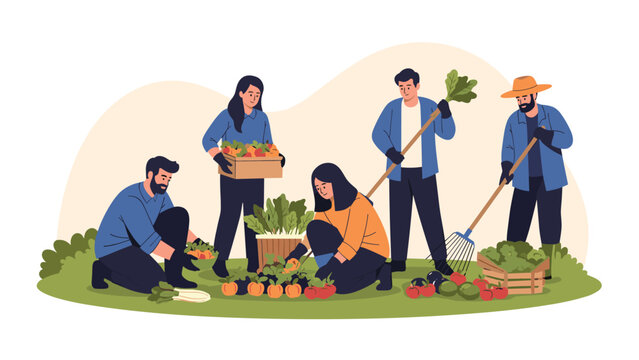 Group of hard-working gardeners harvesting fresh vegetables and cleaning up ground in a community farm or garden.