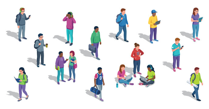 Isometric students on school campus | Diverse group of university teenagers walking and studying with laptops and backpacks vector illustration