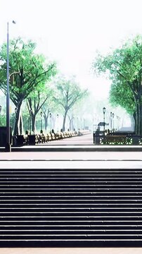 A park path runs through tall green trees with benches on the sides. Street lamps line the way, providing light. The scene shows a bright sunny day with clear skies.