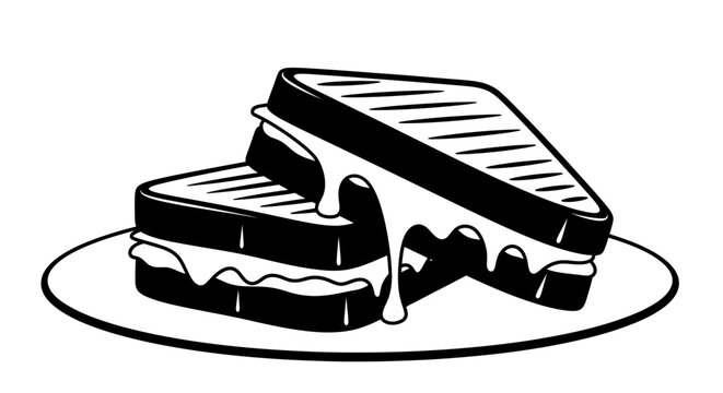 Black and white vector illustration of two grilled cheese sandwiches on a plate.