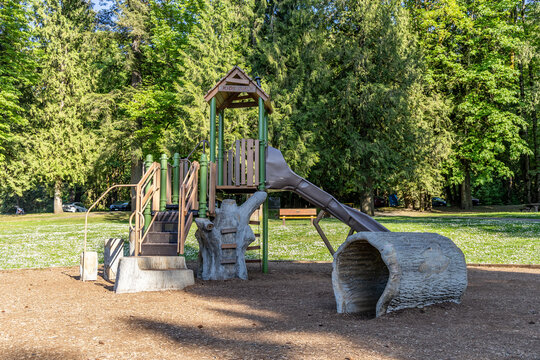 Children's Playground at Cultus Lake Park Surrounded by Evergreen Trees in Chilliwack, BC, Canada