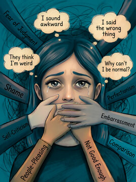 A visual representation of anxiety, overthinking, and inner criticism, showing how fear of judgment and self-doubt can silence self-expression