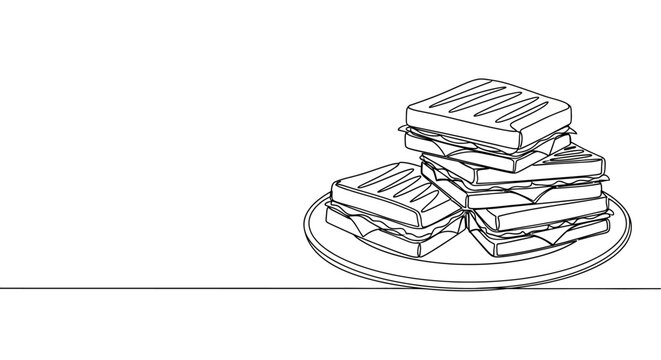 Continuous one line drawing of a stack of delicious grilled paninis on a plate.
