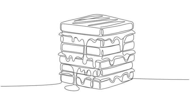 Continuous one line drawing of a stack of waffles with dripping syrup.