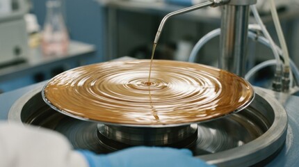 Obraz premium Closeup medium shot highlighting positive photoresist application on a wafer during spin coating emphasizing precise fluid distribution and surface coverage.