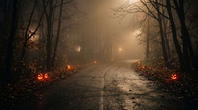 Spooky halloween background foggy road lined with jack o' lanterns