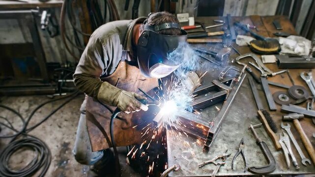 Tracking shot of welder welding metal parts at workbench in cluttered industrial workshop with sparks and smoke