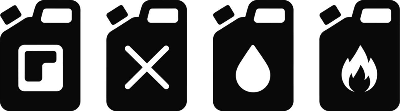 Industrial Fuel Jerrycan Container Icon Set with Flammable Liquid and Leak Safety Warning Signs