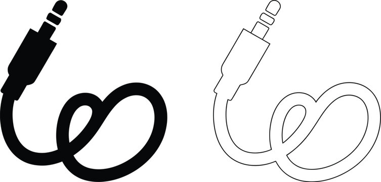 Audio jack cable icons, monochrome audio plugs and cables for sound systems electronic devices and multimedia graphics.