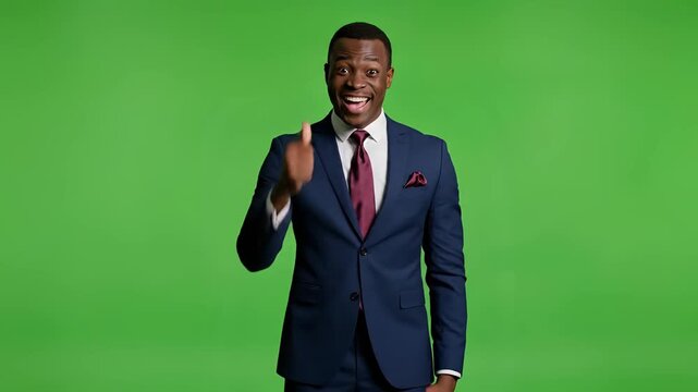 Man in Suit Gesturing and Celebrating on Green Screen Background.