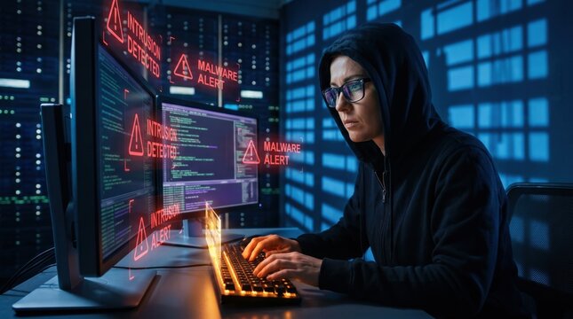 professional cybersecurity specialist typing code on keyboard while malware alert and intrusion detected warnings flash on computer monitors.