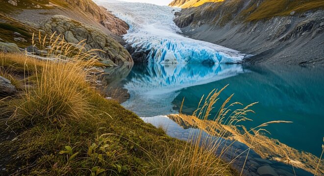 Stunning alpine glacier lake surrounded by rugged mountains and golden grass reflections