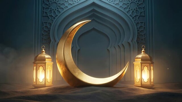 Cinematic 3D animation of a large golden crescent moon resting on sand with glowing lanterns and smoke against a beautiful blue Islamic architectural background for Ramadan or Eid.